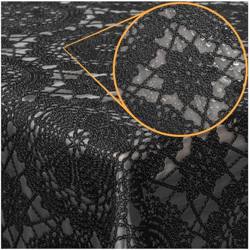 ANRO Tischdecke abwaschbar Wachstuch Lace Vinyl Häkel Spitze Optik 140 x 138cm Mandala Schwarz abwischbar Wachstuchtischdecke Wachstischdecke wasserabweisend Gartentischdecke Meterware