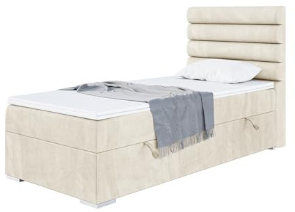 MEBLINI Boxspringbett mit Bettkasten - Gepolstert Einzelbett mit Matratze und Topper - Polsterbett mit Stauraum - Bett mit Kopfteil - Stauraumbett - Karim - 100x200 Rechts - H3/Creme Samt