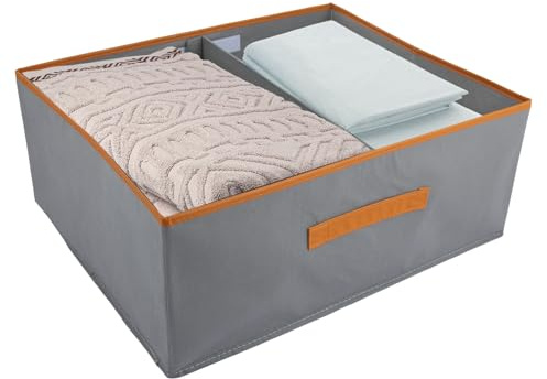 ASelected Grande set di 2 scatole portaoggetti da 50 x 40 x 20 cm, organizer per credenza, con manico in pelle e divisore, in tessuto, pieghevoli, per vestiti, libri (grigio)