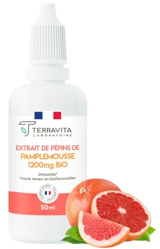 Extrait de Pépins de Pamplemousse BIO + Vit C | Titré en Bioflavonoïdes 1200 mg | Immunité - Antioxydant | Double Action Interne et Externe | Flacon Compte-gouttes 50 ml | Made in France | Terravita
