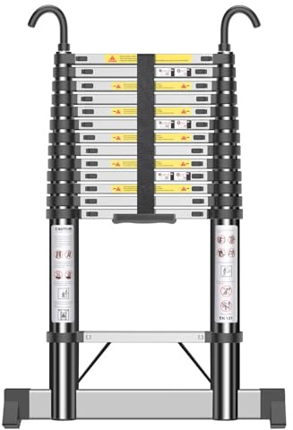 HUIYOPU Telescopic Ladder 4.1m, Stainless Steel Extension Ladder with Hooks, Upgraded First-Order Support, Stable Load, Household Engineering Maintenance Aerial Work Folding Ladder