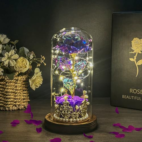 Hemiro Rosa eterna in vetro, regalo per la festa della mamma, rosa in vetro con LED in una cupola di vetro, regalo per donne, mamma, nonna, fidanzata (viola)