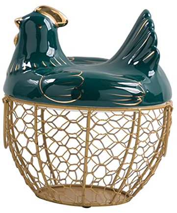 Cabilock Cesta de Huevos de Hierro Forjado con Tapa de Pollito, Portátil y Compacta, Color Verde Metálico, Contenedor para Almacenar Huevos en Cocina, Almacenamiento Práctico para Hogar y Restaurante