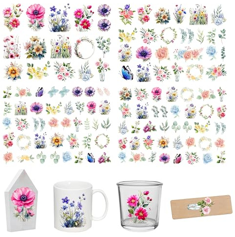 FloraVigo Rub On Sticker ca.A5 19x14cm-Spruch Deko zum Geburtstag, Keraflott, Hochzeit, Zuhause, Wischfolie für Möbel, Glas, Holz, Fotoalbum, DIY Deko, Aufkleberästhetik(4PCS) (BLUMEN/FLORAL)