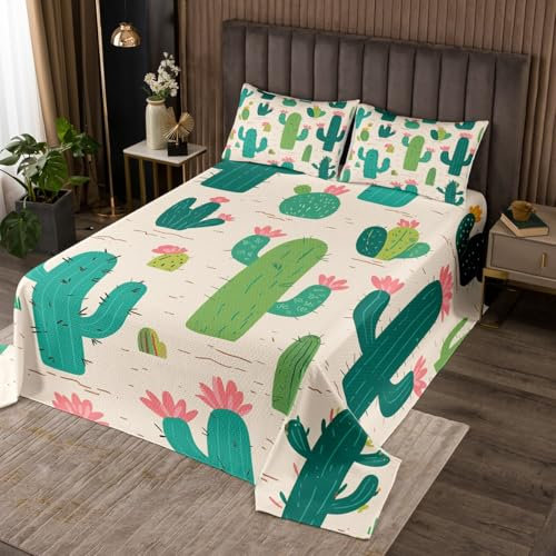 Manfei Cactus Bedspread Queen Size, Green Cactus Pink Flower Coverlet Set, Desert Plants Quilted Coverlet with 2 Pillowcases, Kids Boys Girls Room Decor, Soft Polyester Bedding Quilt
