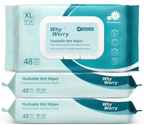 WhyWorry Feuchtes Toilettenpapier Spülbar, 20x25cm Extra Groß Feuchttücher Toilette mit Kamille & Vitamin E, Reinigungstücher für Erwachsen, 100% Pflanzlich, Wiederverschließbar, Parfümfrei, 144 Stück