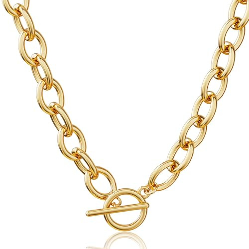 CHESKY 14K Gold Plated Chunky Necklace for Women, Trendy Paperclip Chain Necklace Thick Toggle Necklaces Non Tarnish Jewelry
