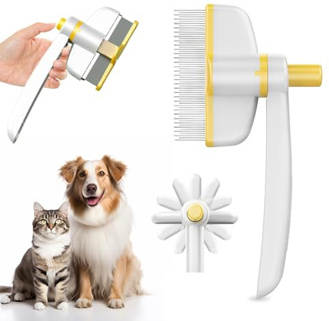Katzenkamm, 360° Drehbar Katzen Kamm Flohkamm Hunde Katzen mit Entriegelungsknopf Selbstreinigender Flohkamm und Fellpflegebürste für Haustiere