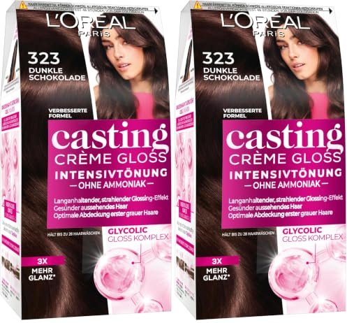 L'Oréal Paris Coloration ohne Ammoniak und ohne Silikone, Pflegende Intensivtönung mit Glanz-Reflex-Balsam, Casting Crème Gloss Haarfarbe, Nr. 323 Dunkle Schokolade (Braun), 1 Stück (Packung mit 2)