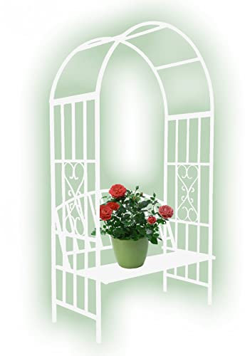 Arche de jardin robuste blanche avec banc – Treillis en métal pour terrasse, jardin et pelouse – Parfait pour les plantes grimpantes et le support de fleurs