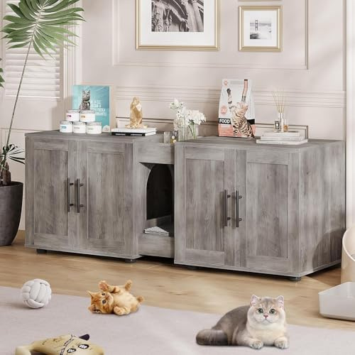 Cat Litter Box Enclosure for 2 Cats, Multi - Functional Cat Litter Cabinet, Hidden Litter Box Furniture with Scratching Mat, Wooden Pet House 140 x 45 x 52 cm Grey