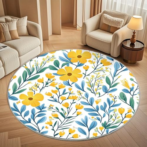 Generico Pianta Fiori Gialli Tappeto Rotondo Pelo Corto Moderno 120x120cm, Foglie Blu Tappeto Rotondo Lavabile Antiscivolo e Morbido per Salotto Balcone, Camera da Letto, Cucina e Corridoio