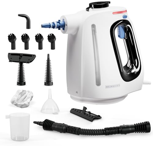 HEINRICHS Dampfreiniger, Handdampfreiniger für zuhause, Steam Cleaner, kurze Aufheizzeit 30 Sek., 550ml Wassertank, 3,0 Bar Dampfdruck, 5m Kabel, für Auto, Küche, Bad, Polster, Boden, Fenster, 1350W
