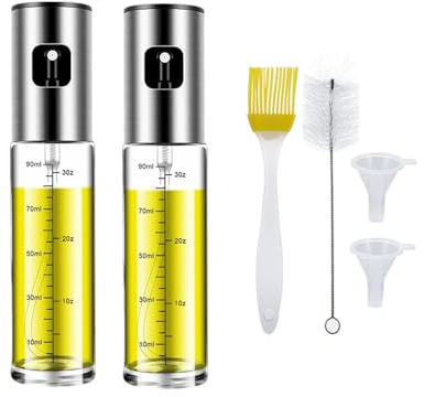 Kellegour 2pcs Dispensador de Aceite,100ml Pulverizador Aceite Spray Freidora Aire,Spray Aceite Cocina Acero Inoxidable con Escala,Embudo,Cepillo de Limpieza para Barbacoas,Ensaladas,Freidoras de Aire