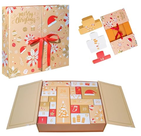 Christmas Empty Advent Calendar to Fill Yourself - 24 Compartments DIY Empty Box Packaging,Christmas Treat Boxes with Tree/Stocking/Hat Pattern, for Candy/Toys/Gift Storage & Countdown (Gold)