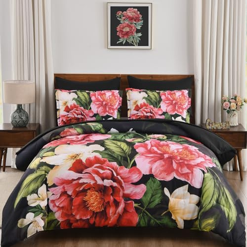 Yiran Floral Comforter Set Queen Size 7 Pieces Bed in a Bag, Red Flower Bed Set, Soft Lightweight Comforter with Sheet Set 90x90