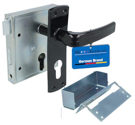 MS Beschläge Kastenschloss aus Stahl verzinkt mit schließender Falle, 2-tourigem Riegel, Drückerpaar & Kurzschild schwarz – robustes Aufschraubschloss DIN links/rechts 60mm Dornmaß (Profilzylinder)