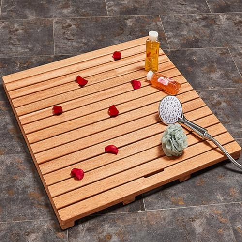 Rutschfeste Bodenmatte aus Teakholz mit Ablaufloch, 70 x 90 cm, quadratische Holz-Badematte für Innen- und Außenbereich, Spa, Badezimmer, Hof, luxuriöse Heimdekoration