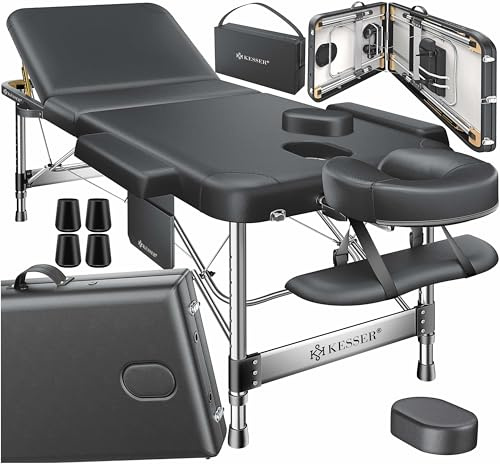 KESSER® Massageliege 3 Zonen bis 250kg, Massagetisch klappbar, verstellbar, tragbarer Koffer, Kosmetikliege, Therapieliege, Zubehör, Alu-Kopfstütze, Armlehne, Tragetasche, Anti Rutsch, 61cm, Anthrazit