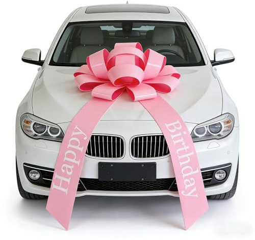 Jafaharug Große Geschenkschleife 30 cm, Aufziehbare XXL Schleife aus Glanz-PVC für Geschenke, Fahrräder & Party-Deko – Rosa Happy Birthday Schleife (1 Stück)