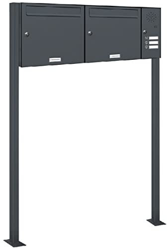 AL Briefkastensysteme 2er Standbriefkasten Anthrazitgrau RAL 7016 mit Klingel als 2 Fach Briefkastenanlage in Postkasten Doppel-Briefkasten Design modern