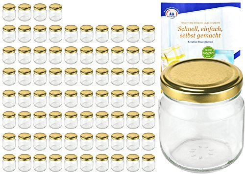 MamboCat 75er Set Rundgläser 212 ml nieder Deckelfarbe Gold to 66 inkl. Diamant Gelierzauber Rezeptheft, Marmeladengläser, Einmachgläser, Einweckgläser, Gläser