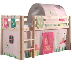 Spielbett Pino mit Textilset Vorhang, Tunnel und 3 TaschenSpring, Kiefer Massiv Natur