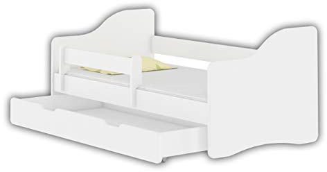 ACMA Jugendbett 160x80 Kinderbett mit Einer Schublade mit Rausfallschutz und Matratze, Weiß Happy, Farbe Weiß, mit Lattenrost, stabil, Kinderzimmer Bett, Jugendmöbel