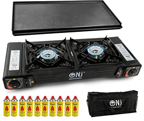 NJ DS-22 Double Camping Stove - 2 Burner Portable Butane Gas Cooker Carry Bag Grill Plate BBQ (Stove + GRILL + 10 Canisters)