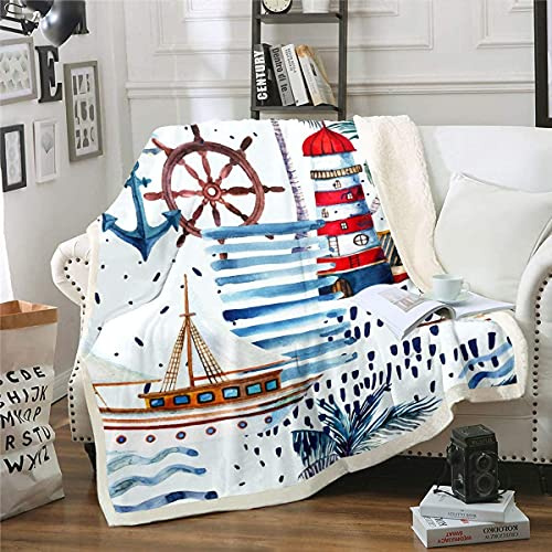Loussiesd Nautisches Wohndecke 150x200cm Abenteuer Ozean Theme Dekor für Stuhl Sofa Couch Leuchtturm Anker Kuscheldecke Segelboot Ruder Meer Couchdecke Palmblatt Flanell Fleecedecke Weiche Mikrofaser