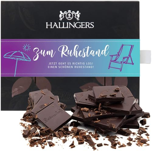 Hallingers Genuss Manufaktur Vegane Schokolade Glückwunsch-Geschenk - Tafel aus handgeschöpftem Edelkakao ohne Alkohol edler Karton Zum Ruhestand Kaffee, Geschenkidee für Frauen Männer