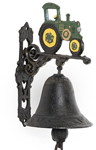 Moritz Wandglocke Traktor Gusseisen – Türglocke Haustür Garten Klingel | Grün und gelb bemalter Trecker auf Rankenkonsole, Handbemalung, 13 Zentimeter ausladend, 9,5 breit, 0,7 kg, Zugkordel