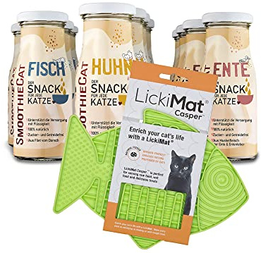 Katzen Smoothie SmoothieCat 12er Mix + Lickimat Casper Grün - je 4X: Huhn, Ente, Fisch - Flüssignahrung für Katzen - Katzensuppe - Zucker- & glutenfrei - Schleckmatte - je 150ml