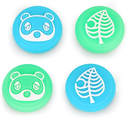 Tscope Cute Thumb Grip Caps for Nintendo Switch/Lite/OLED Controller, Kawaii Leaf & Raccoon Design Joystick Caps, Soft Silicone Analog Stick Covers for NS Joycon