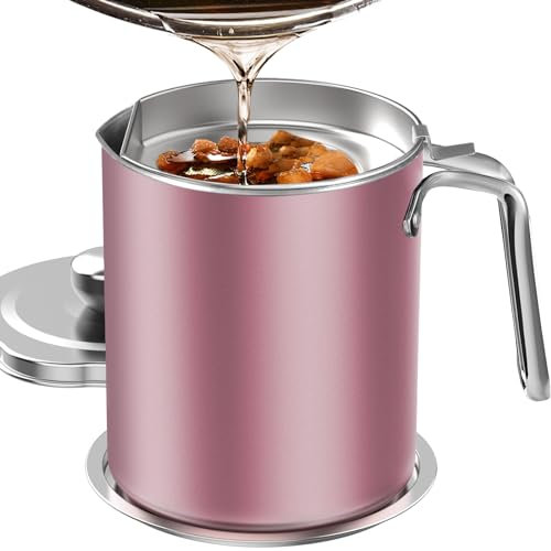Chihee Aceite Colador Lata de grasa 2L Colador de alimentos Acero Inoxidable Contenedor de Aceite con colador de malla fina Tapa antipolvo Bandeja para almacenar Aceite para freír Grasa para cocinar