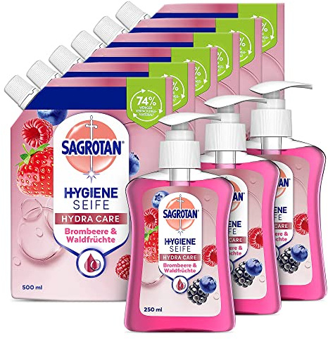 Sagrotan Handseife Brombeere und Waldfrüchte, Flüssigseife (3 x 250 ml) + Handseife Nachfüller (mit frischem Duft nach Brombeeren und Waldfrüchten, Flüssigseife) (6 x 500 ml)