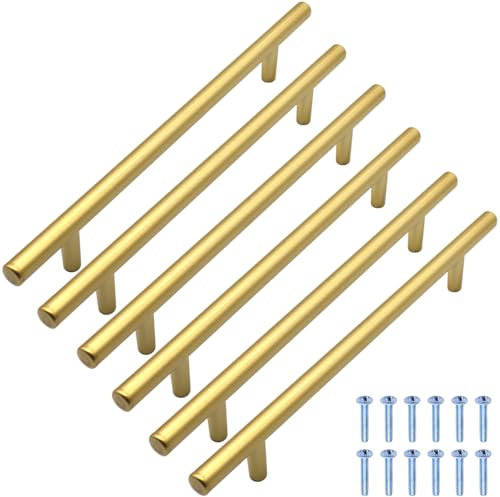 lyualma 6 Stück Möbelgriffe 160 mm T Schrankgriff Schubladengriffe Aluminiumlegierung für Küche,Schublade,Schränke,Hause Büro Dekoration - Gold