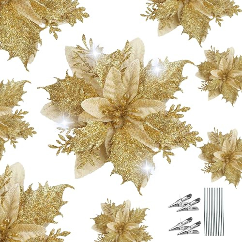 WUBAYI Lot de 12 Fleurs de Poinsettia artificielles à Paillettes avec 12 tiges et Clips pour Sapin de Noël, Mariage, Nouvel an, Guirlande de Couronne de Noël (doré)