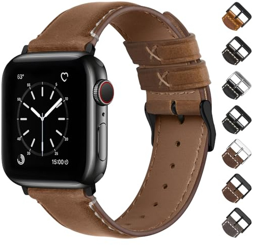 Fullmosa Klockarmband för Apple Watch 42 mm, 41 mm, 40 mm, 38 mm, rem i äkta läder för iWatch serie 10/9/8/7/6/5/4/3/2/1/SE/SE2, 42 mm, 41 mm, 40 mm, 38 mm (kolabrun, svart spänne)