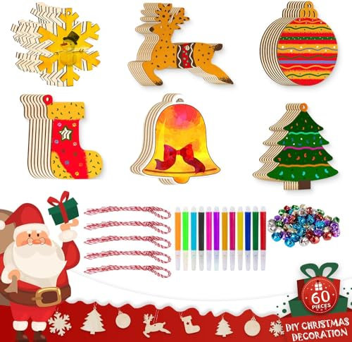 EIKEJI 60 Stück Weihnachtsdeko Basteln Kinder, Baumschmuck Weihnachten Basteln, Bastelset Weihnachten Holzanhänger Christbaumschmuck Set, Weihnachtsbaum Holz Weihnachtsdeko Anhänger