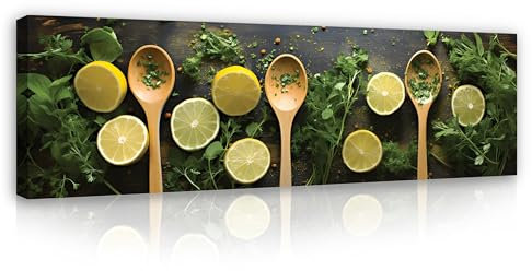 WallArena - Leinwand Bilder - Küche Löffel Zitronen Kräuter - 145x45 cm Leinwandbilder - Bild auf leinwand - Wandbild XXL groß Wandbilder für Wohnzimmer Schlafzimmer Wohnzimmerbilder Modern