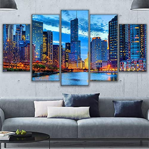 WAGYU 5 teiliges wandbild Chicago City Wolkenkratzer beleuchtet Nachtlandschaft 5 stück leinwand wandkunst,5 teilig leinwand wanddeko,leinwanddruck 5 teilig bilder wohnzimmer groß,mit rahmen,150x80cm