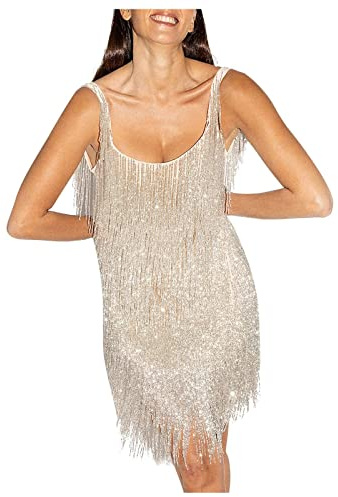 Silver/guld lila fransklänning 70-tals disco outfit Charleston-dräkt sexig ärmlös miniklänning med axelremmar dam kort aftonklänning cocktailklänning balklänning, Färg: silverfärger, S