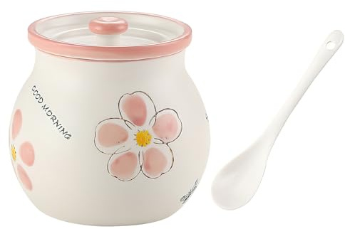 auons Porzellan Zuckerdose Zucker Schüssel mit Deckel und Löffel, Keramik SalzTopf Gewürzbehälter Gewürz Gläser zum Zuhause, Küche, 400ml, Rosa Blumen