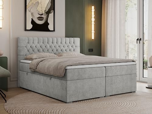 MKS MEBLE Boxspringbett 200x200 cm mit Bettkasten, Premium Multipocket Matratze H4 mit Topper T25, Doppelbett mit Kopfteil PERA - Hellgrau Strukture