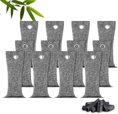 HOTUT Bolsa de Carbón Activo De Bambú, 12x75g Paquetes de Bolsa Purificadora de Aire de Carbón Activado, Desodorización y Deshumidificación para Coche, Baño, Clóset de Mascotas, Zapatos