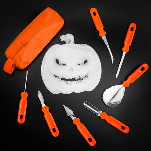 PRECORN Halloween Kürbis Schnitzset - 7-teiliges Werkzeugset mit 6 Vorlagen für kreatives Kürbisschnitzen und Familien-Spaß