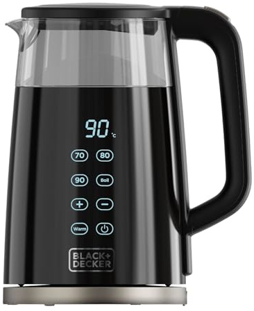 Black+Decker – Bouilloire électrique BXKE2206E | 2200W | Capacité 1,7L | 7 niveaux de température | Verre à double paroi isolante | Base pivotante 360° | Arrêt automatique | Filtre amovible