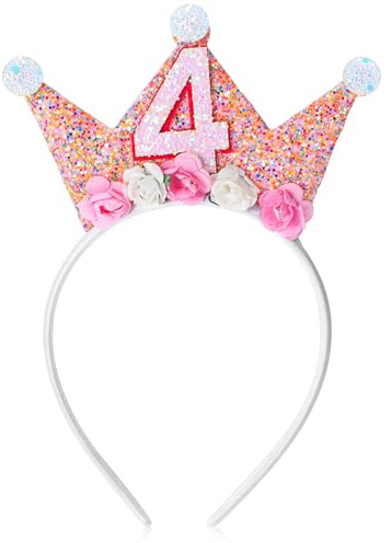 Abeillo Corona de cumpleaños de 4 años, corona de cumpleaños para niña, princesa de 4 años, corona de cumpleaños con flores de rosa, corona de cumpleaños para niñas, sombreros de fiesta de bebé