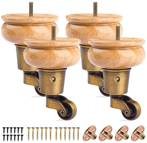 Btowin VCF 10cm Holz Möbelfüße mit Lenkrollen, 4er Set Massivholz Spindel Tischbeine Möbelbeine mit Rollen & vorgebohrten M8 Bolzen & Montageplatten für Schrank Sofa Ottomane Liegestuhl Sessel